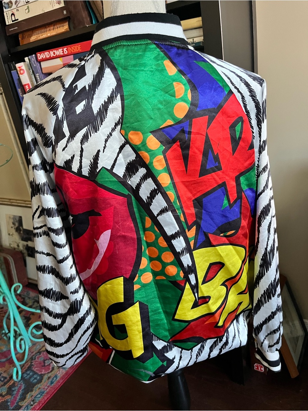 Vintage Women’s Pop Art Print Bomber Jacket - Black/White/Red - Picture 5 of 15